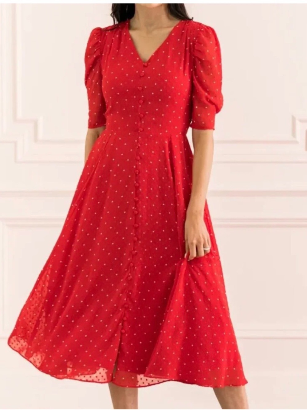 Rachel Parcell Red V-Neck Puff Sleeve Midi Dress